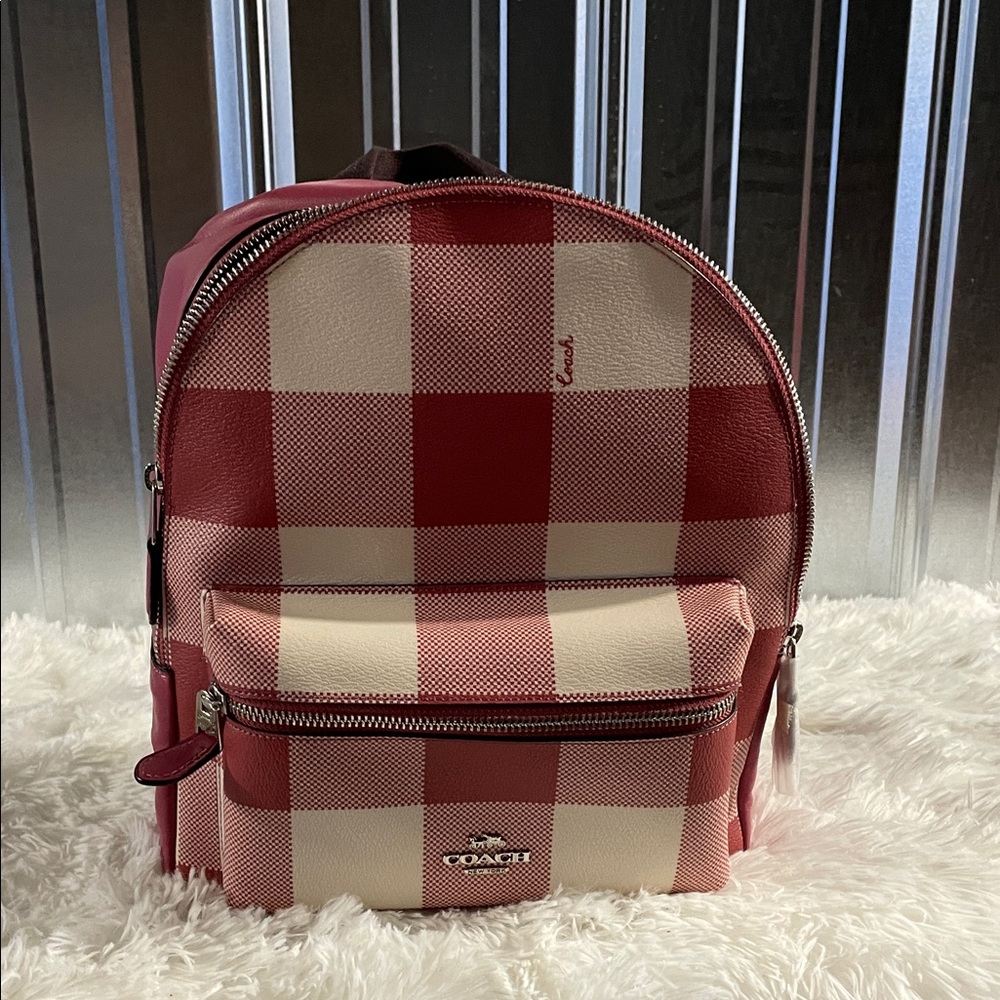 Coach Red and Cream Checkered Backpack